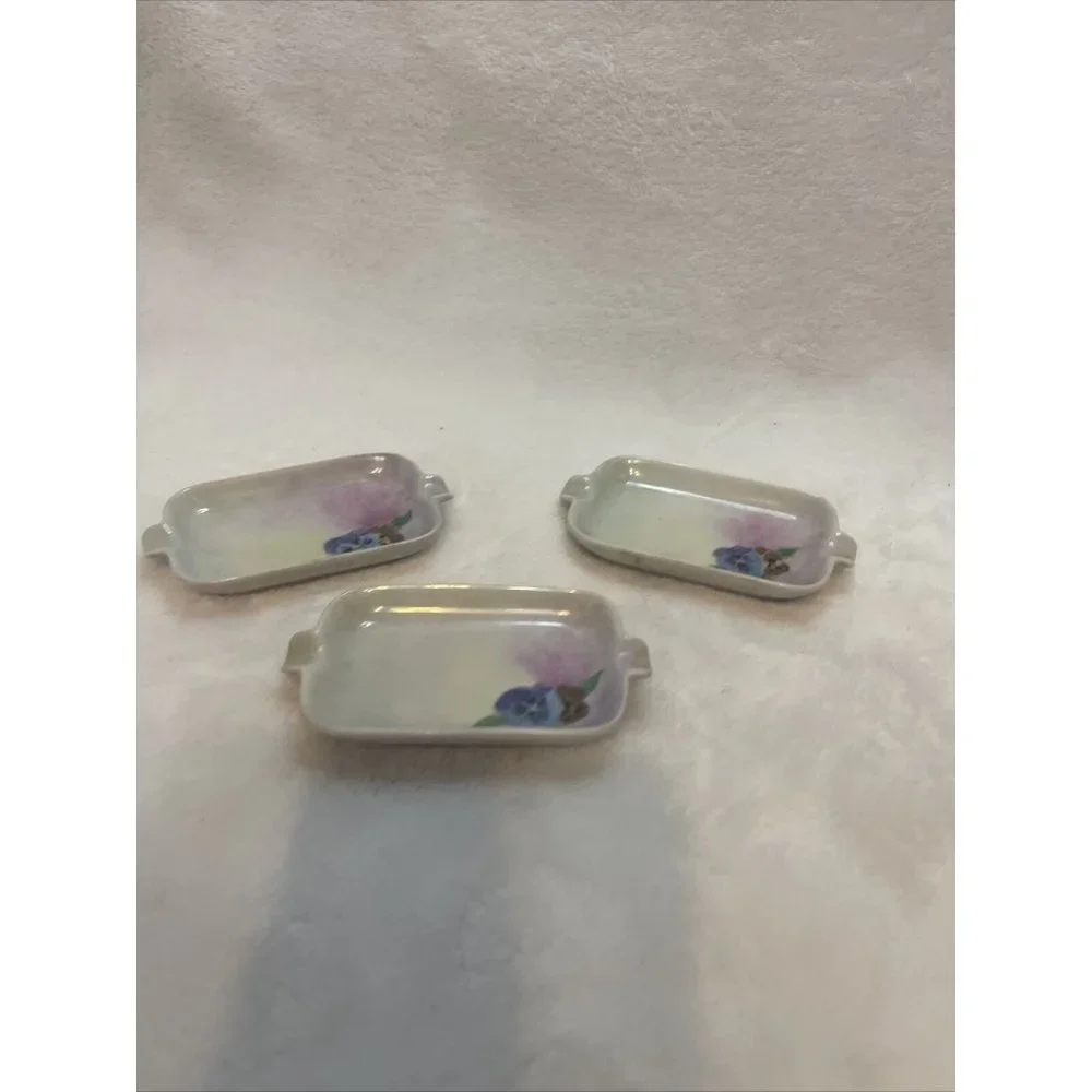Vintage Hand Painted Pansy Porcelain Ashtrays Set of‎ 3 Lusterware Floral